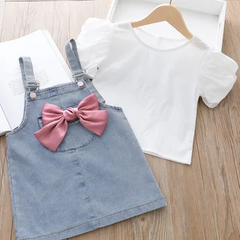Комплект дрехи за малките момичета, Бяла Риза с къс ръкав и гащеризон, Комплект Модни дрехи за малките момичета, Комплекти 2021, Нов Дизайн