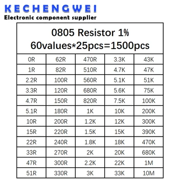 0805 SMD Резистор Комплект Асорти Комплект 1 Ом-10 M Ω 1% 60 стойности * 25 бр. = 1500 бр. Набор от проби