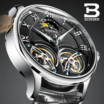 Швейцарски Часовник с двойно Турбийоном BINGER, Оригинални Мъжки Автоматичен Часовник самостоятелно ликвидация, Модерен Мъжки Механични Часовници, Кожа