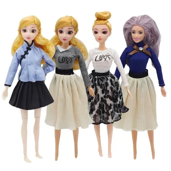 1 Комплект Модерни дрехи за Кукли, Многоцветен Костюм, Пуловер + Плиссированная пола, Ежедневни Ежедневни Дрехи, Аксесоари, Облекло за Кукли Барби
