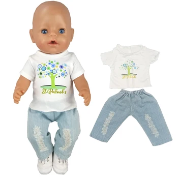 Новороденото бебе кукла тениска скъсани дънки панталони 18 инча момиче кукла облекло е бяла риза дънкови панталони