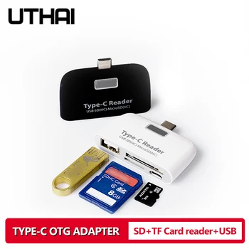 UTHAI J08 Type-C USB3.1 Мулти четец на карти за SD TF USB2.0 Кардридеры телефони с Android с led подсветка, USB OTG адаптер За Мишки