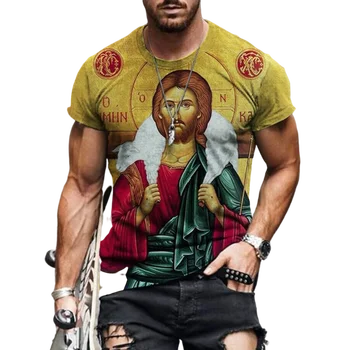 2022 Лятна мъжка Тениска с Къс Ръкав в ретро стил харадзюку, Етнически Исус, 3D Печат, който е Кръгъл Отвор, Полиестер, Нов Летен Стил