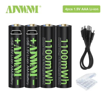 AJNWNM AAA Батерия от 1,5 Литиево-йонна батерия AAA Акумулаторни Батерии 1100 МВтч 3A aaa батерия за фенерче с USB-кабел