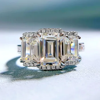 Диамантен пръстен с три камъни Смарагд Нарязани на 100% Истинско Сребро 925 проба, Вечерни Сватбени Пръстени за Жени, Бижута за Годеж, Подарък