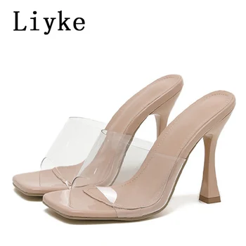 Liyke/Новост 2023 г.; Прозрачни дамски чехли от PVC с високи токчета; Летни Сандали; Модни Слипоны с квадратни пръсти; Обувки-Плъзгачи; Обувки-лодка; Размер на 42